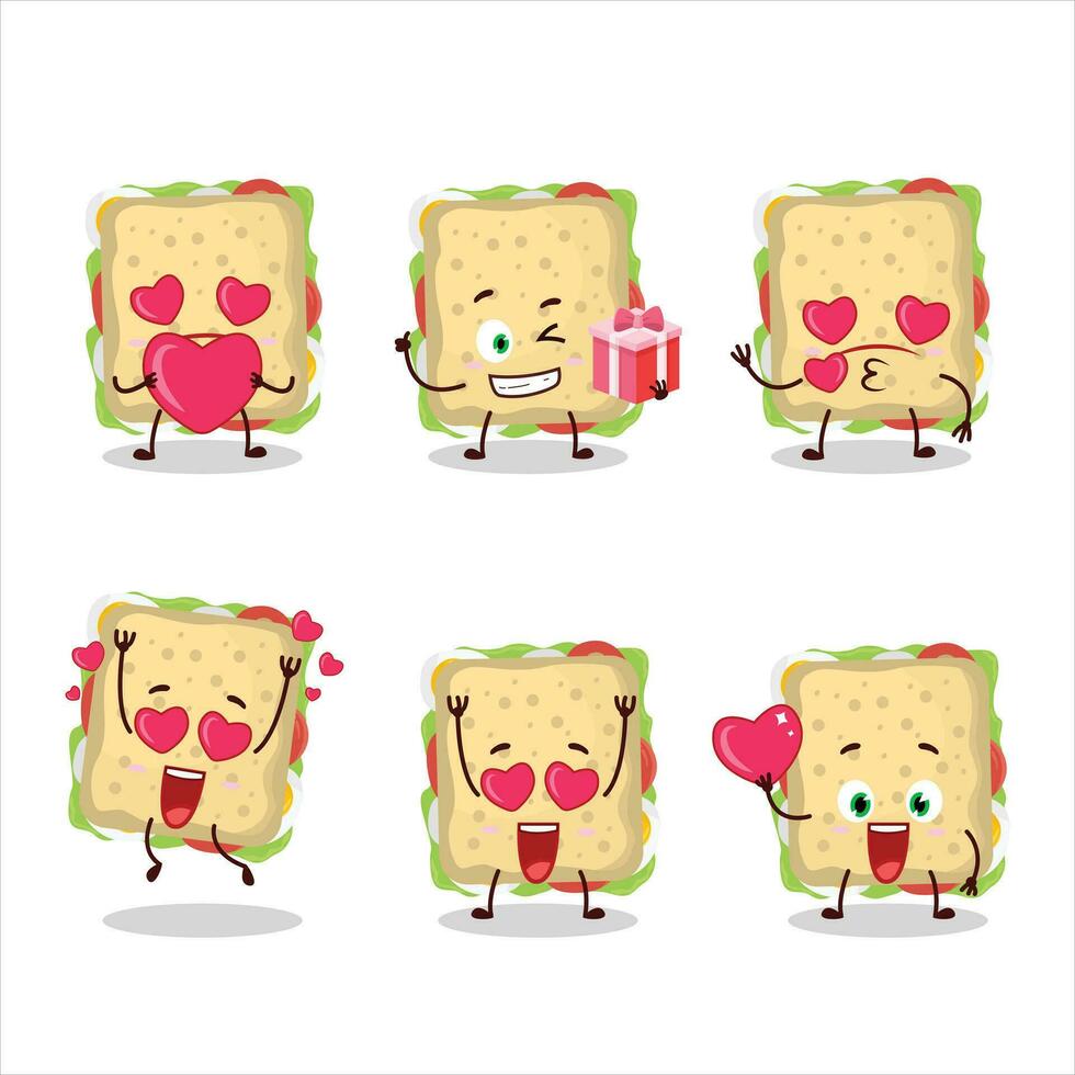 belegd broodje tekenfilm karakter met liefde schattig emoticon vector