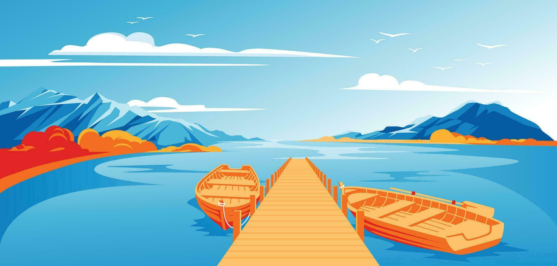 pier met boten herfst landschap. kalmte water in de lagune. horizon. reclame van toerisme, reis, avontuur en recreatie. vector illustratie