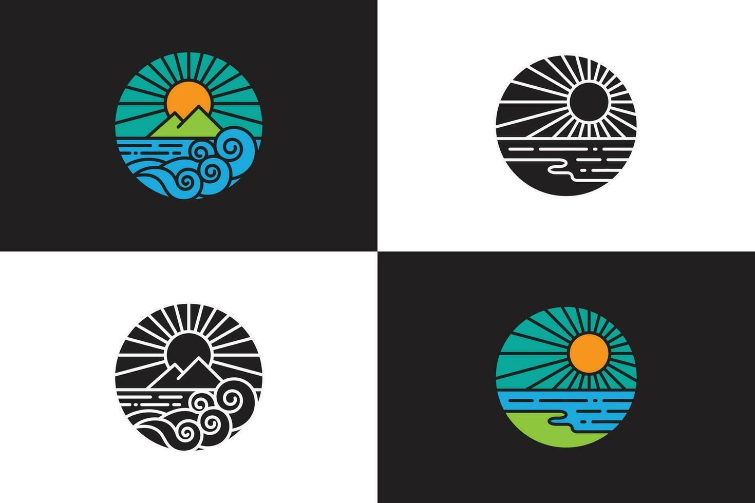 strand icoon logo, zon en zee getij golven, vlak ontwerp met silhouet variaties vector