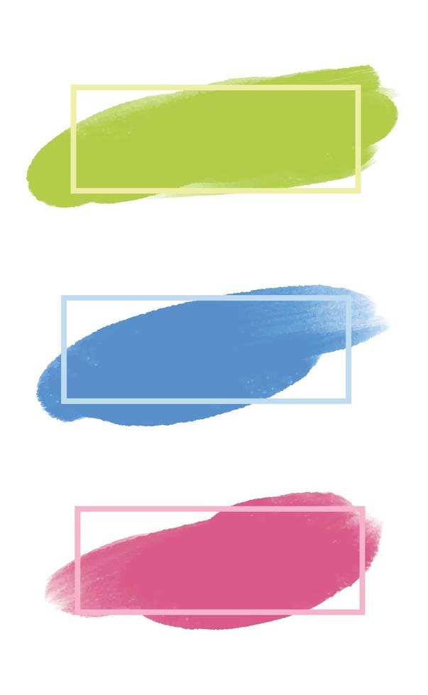 drie gekleurde penseelstreken met frame en plaats voor tekst - vector