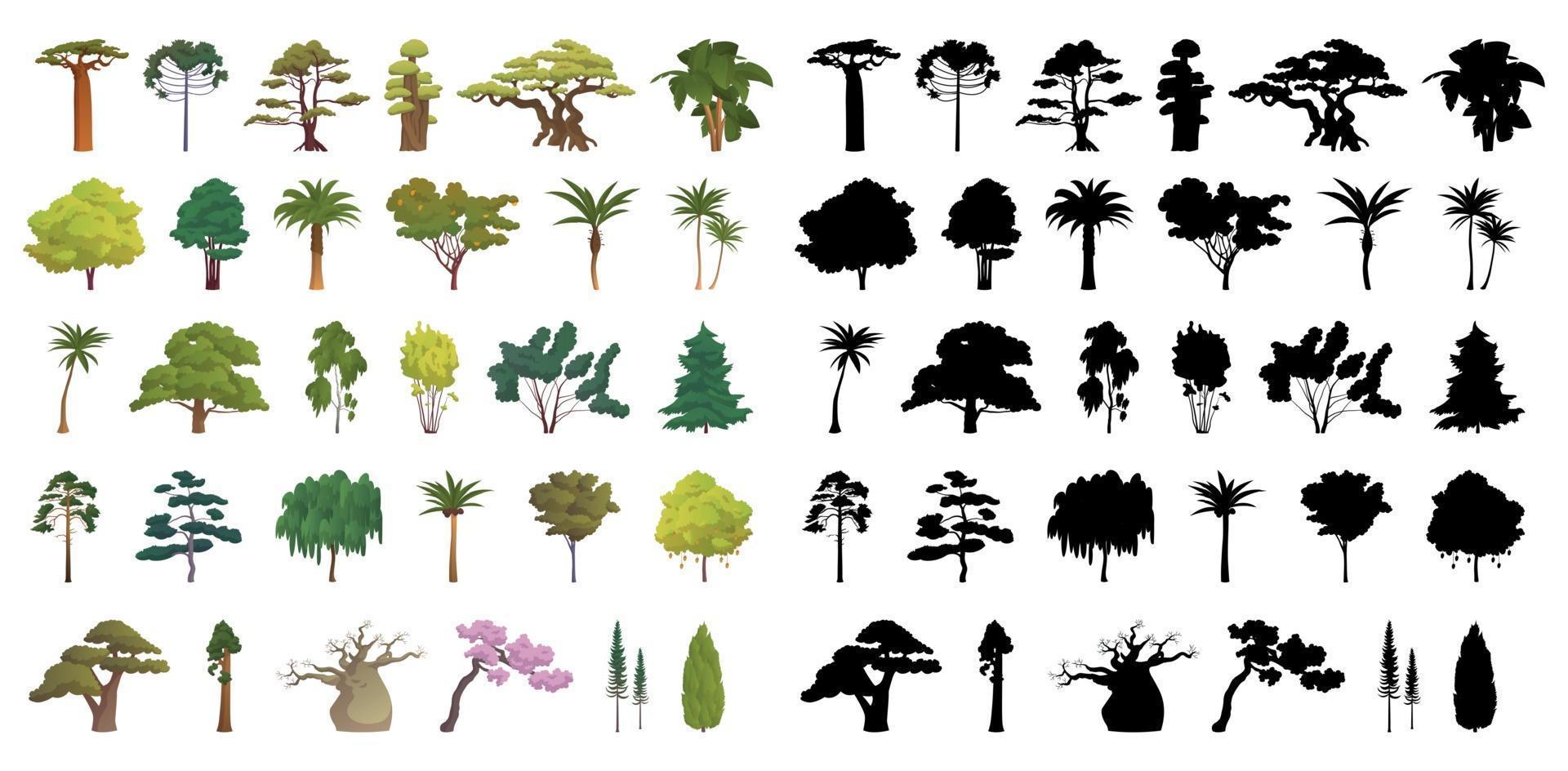 seth zwarte silhouetten en realistische bomen vector