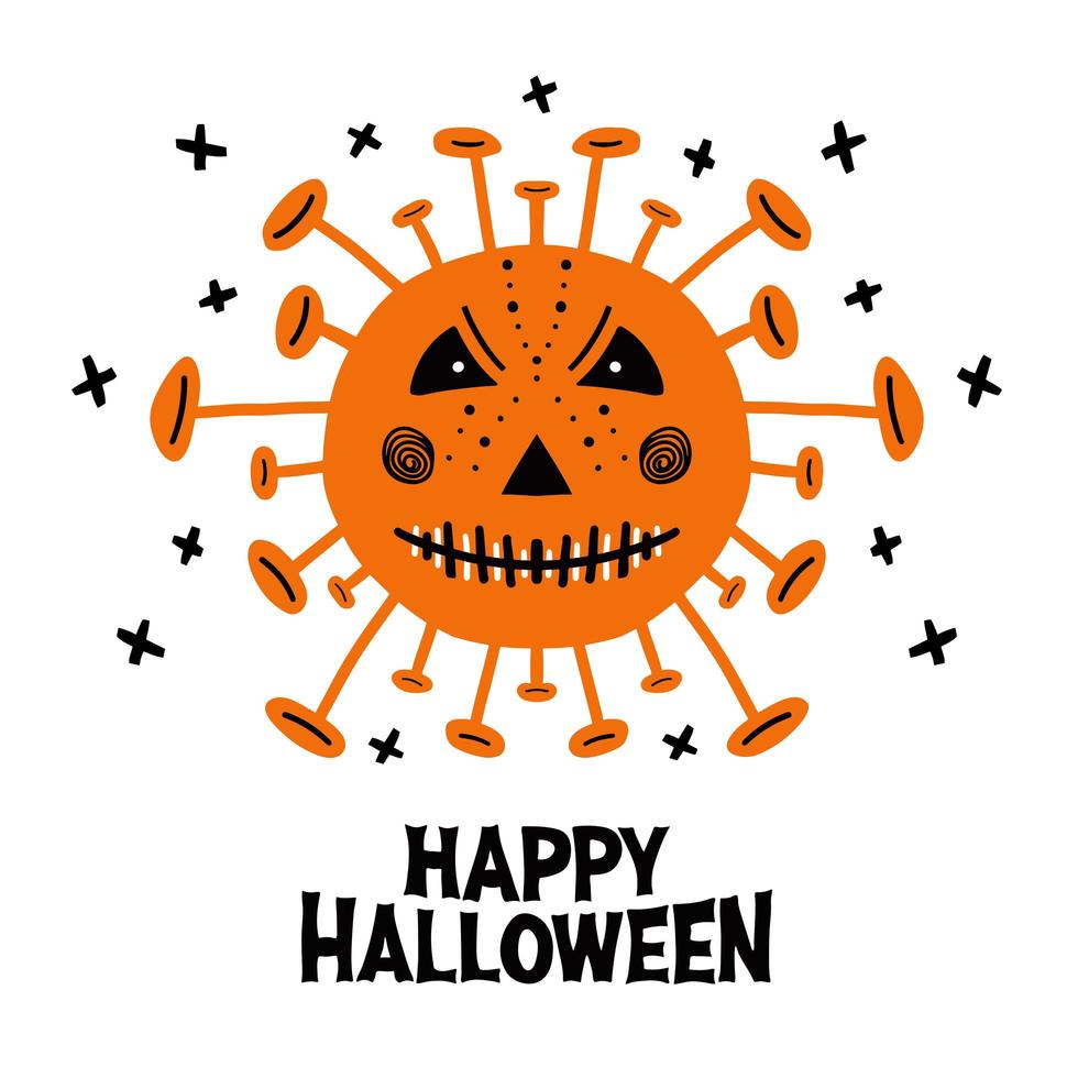 halloween-coronavirusbacteriën met eng gezicht en belettering vector