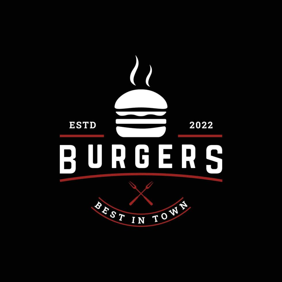 retro wijnoogst heet hamburger vers en smakelijk logo ontwerp. logo voor restaurant, bedrijf, label, insigne en embleem. vector