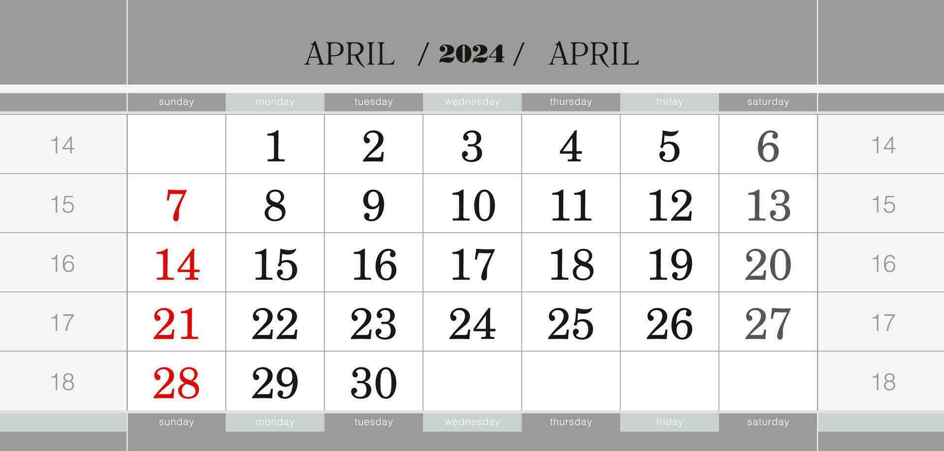 april 2024 per kwartaal kalender blok. muur kalender in engels, week begint van zondag. vector