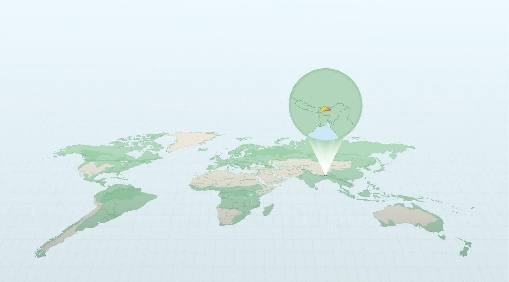 wereld kaart in perspectief tonen de plaats van de land Bhutan met gedetailleerd kaart met vlag van bhutan. vector