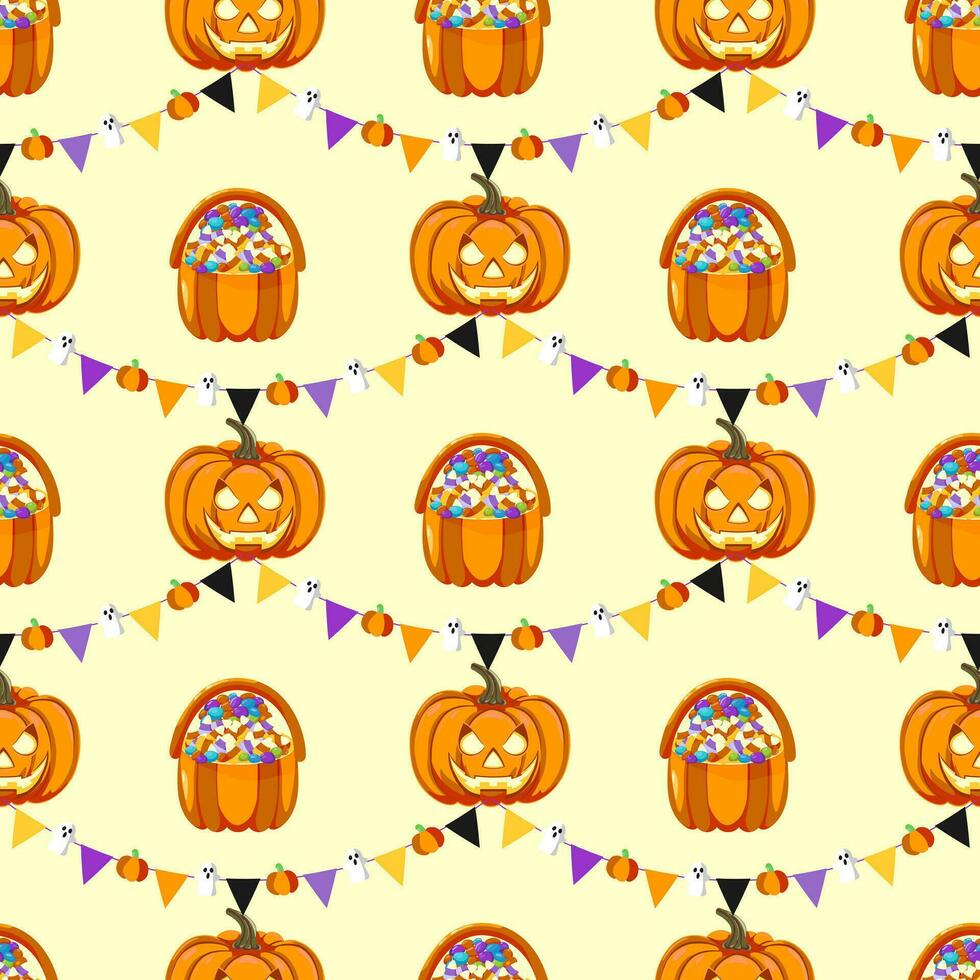 schattig halloween achtergrond met een mand vol van snoepgoed, een jack O lantaarn en een slinger gors. decor voor halloween viering. voor behang, geschenk papier, kleding stof, vakantie decoratie, groet kaarten. vector