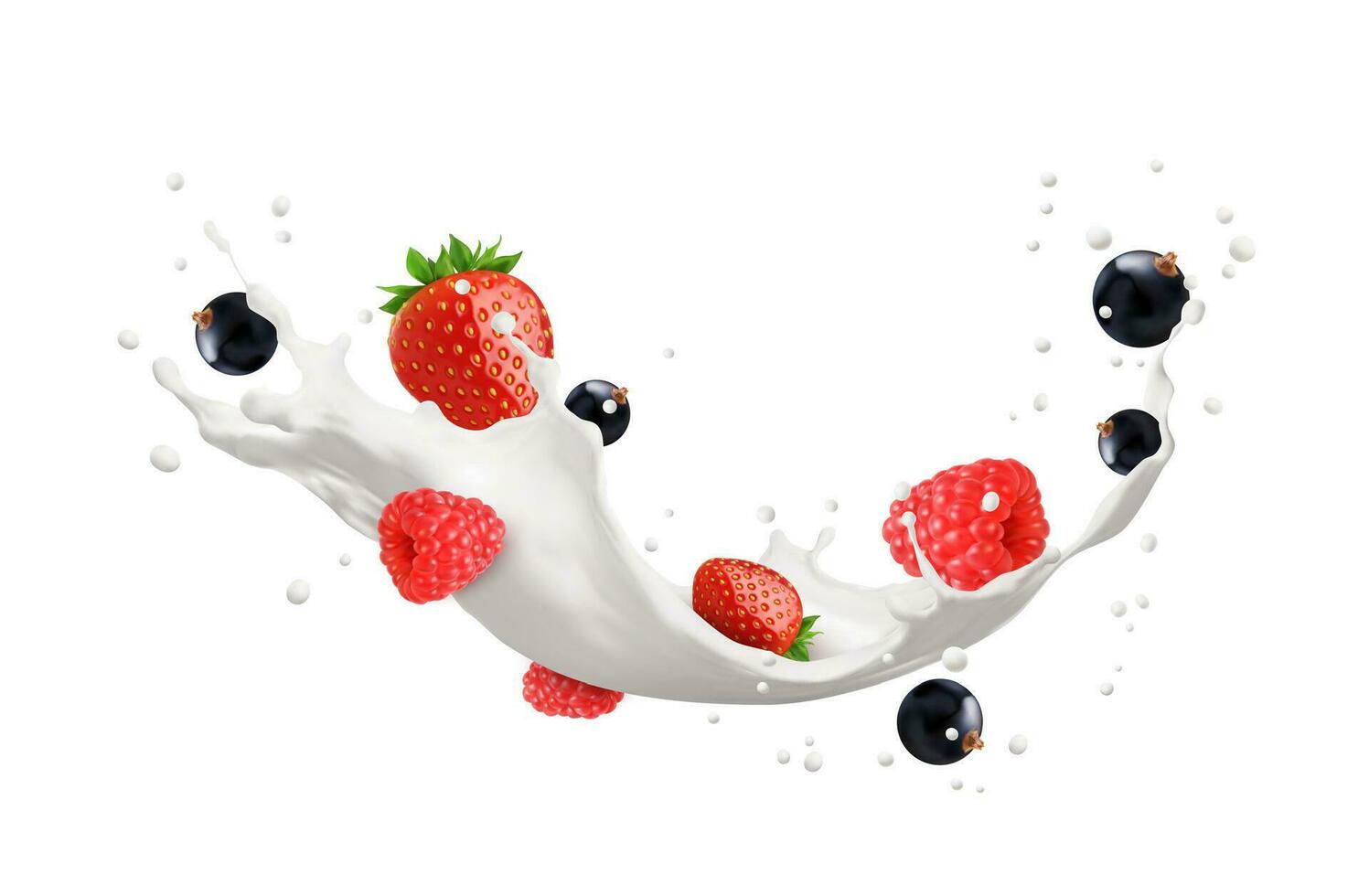 realistisch melk drinken stromen plons met bessen 3d vector