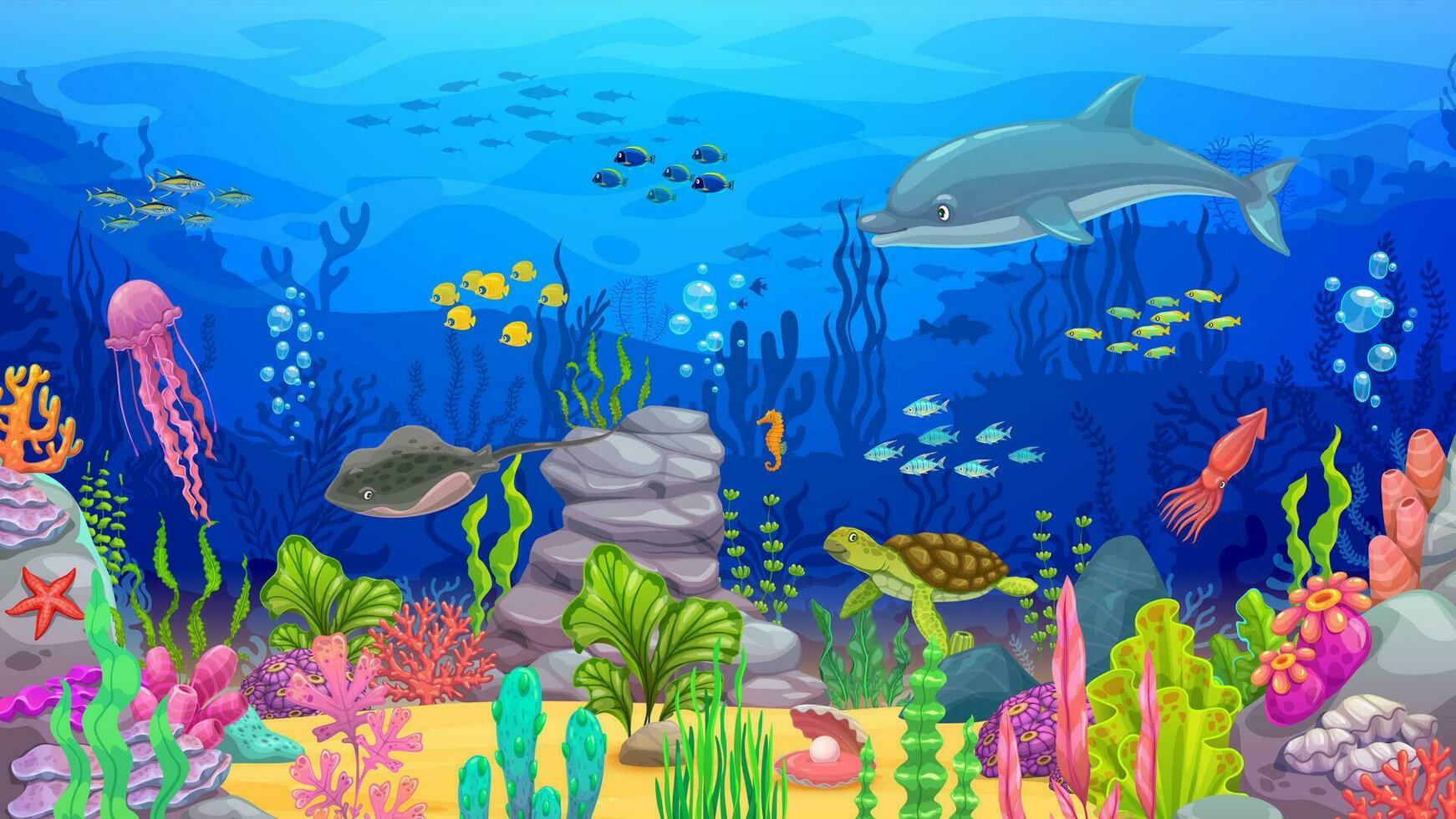 tekenfilm oceaan onderwater- landschap met dolfijn vector