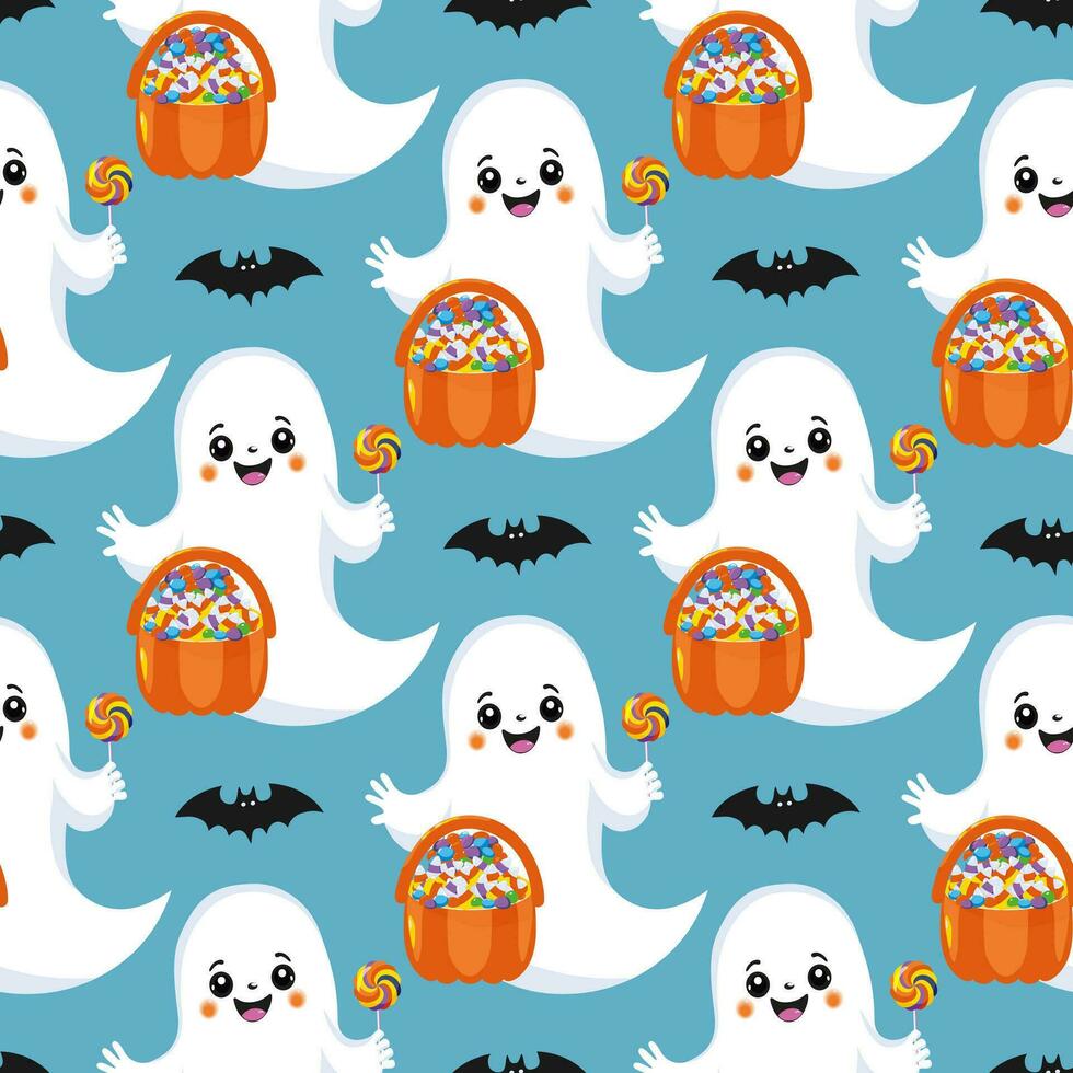 achtergrond met halloween geest, pompoen mand met snoepjes, knuppel Aan een blauw achtergrond. naadloos halloween patroon. voor behang, geschenk papier, kleding stof, vakantie decoratie, groet kaarten. vector