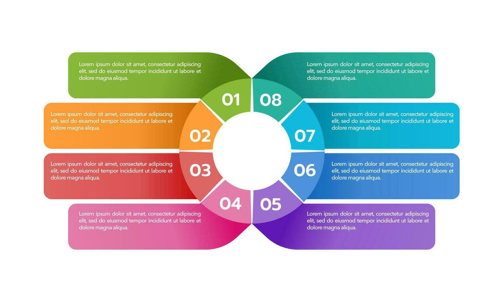 8-proces infographic kleurrijk ontwerp sjabloon. diagram, jaar- rapport, bedrijf presentatie, en organisatie. vector illustratie.