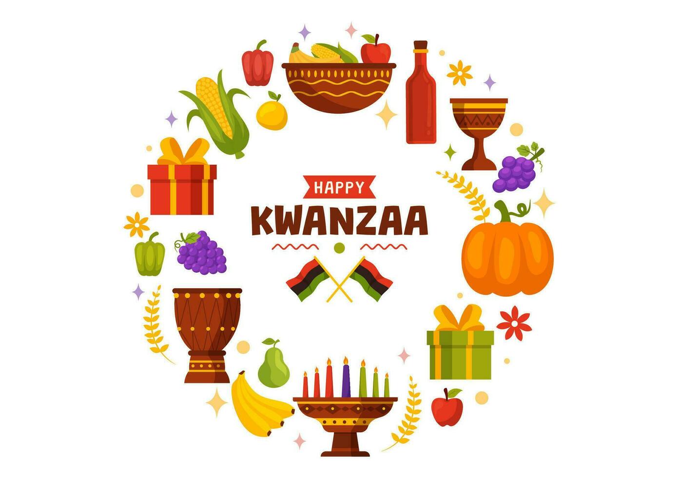 gelukkig kwanzaa vector illustratie met mazao, Zawadi, mkeka, kinara, geschenken, beker, kaarsen in traditioneel vakantie Afrikaanse symbool vlak tekenfilm achtergrond