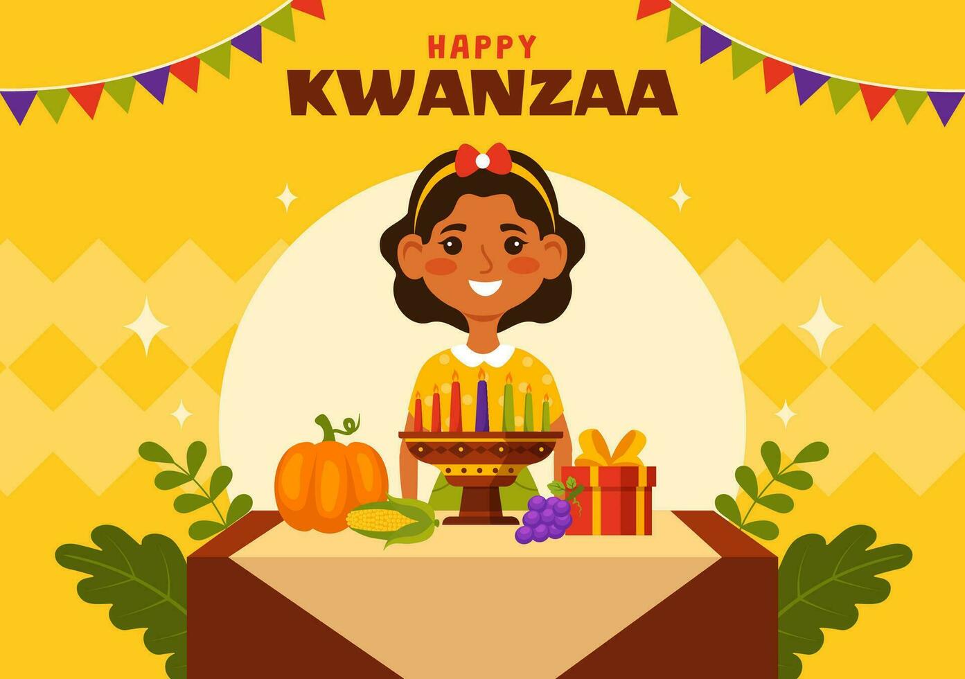 gelukkig kwanzaa vector illustratie met mazao, Zawadi, mkeka, kinara, geschenken, beker, kaarsen in traditioneel vakantie Afrikaanse symbool vlak tekenfilm achtergrond