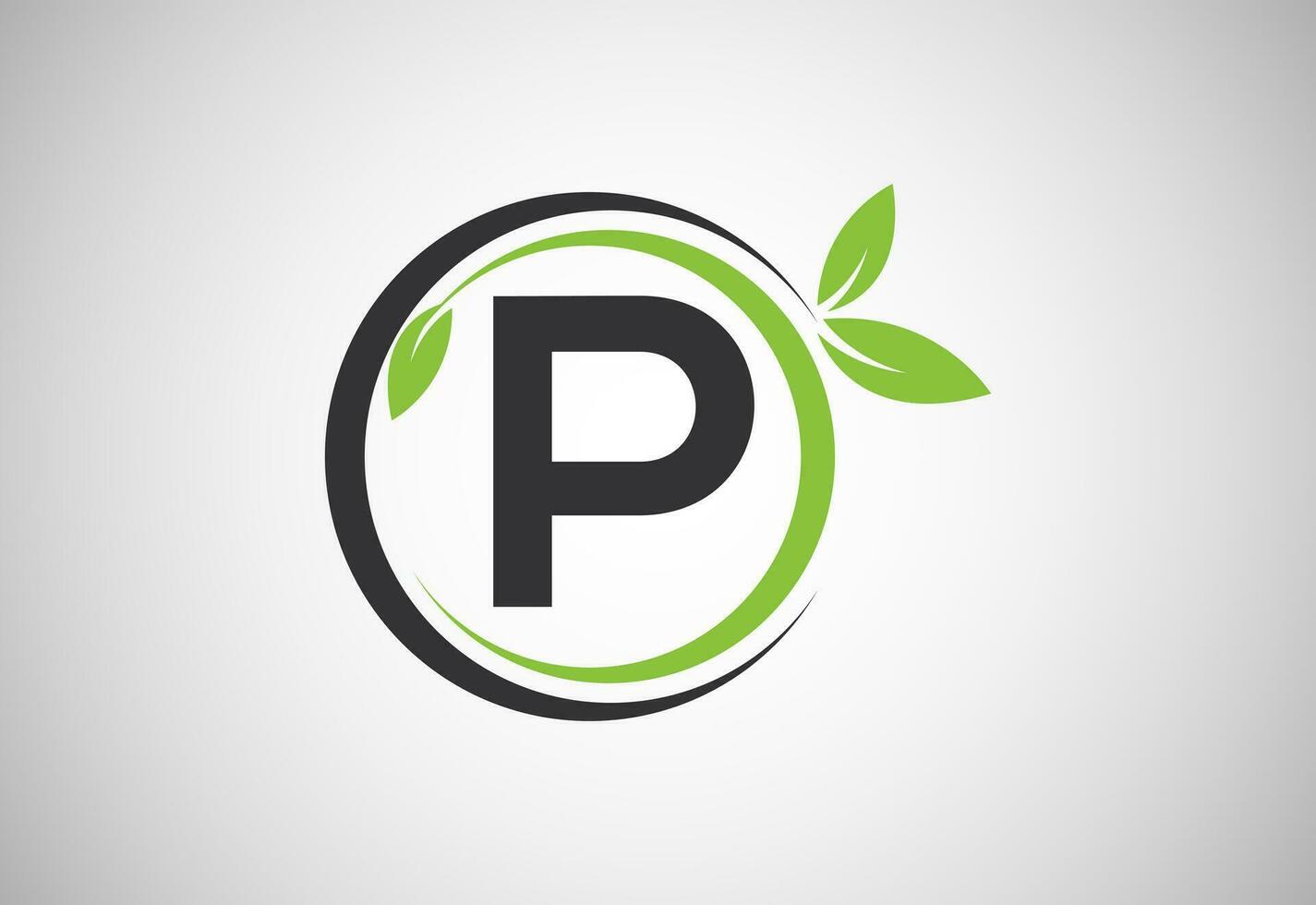 Engels alfabet p met groen bladeren. biologisch, milieuvriendelijk logo ontwerp vector sjabloon