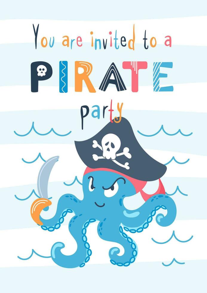 schattig zee Octopus matroos met sabel in een gespannen hoed. partij uitnodiging. kinderen tekenfilm karakter. piraat avonturen, vrolijk roger, reizen. vlak stijl. voor affiches, ansichtkaarten, spandoeken, ontwerp elementen vector