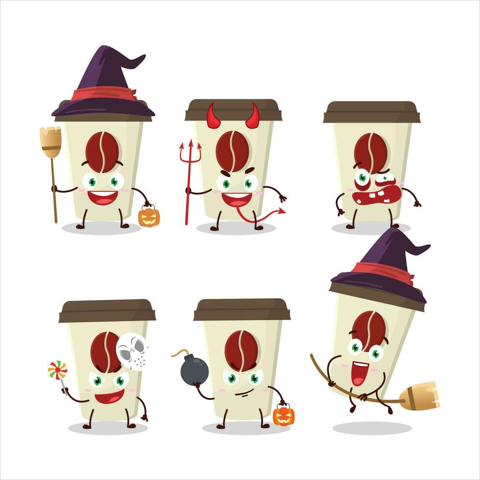 halloween uitdrukking emoticons met tekenfilm karakter van koffie melk kop vector