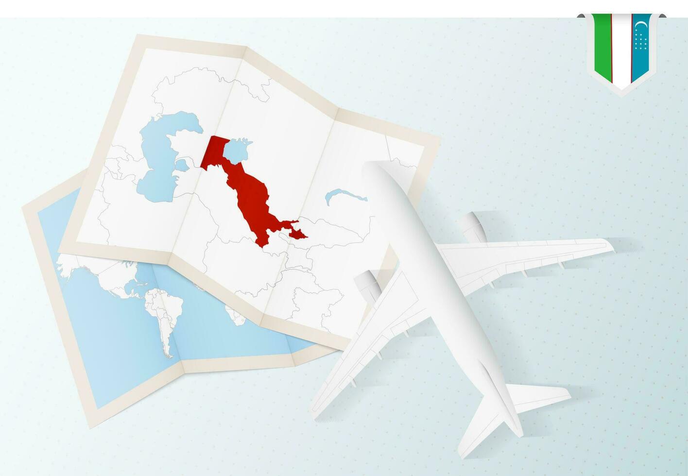 reizen naar Oezbekistan, top visie vliegtuig met kaart en vlag van Oezbekistan. vector