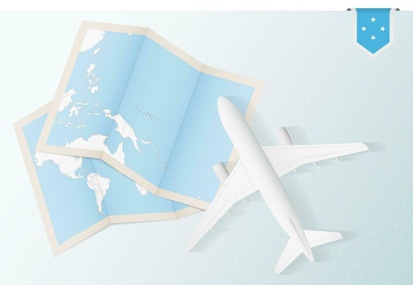 reizen naar Micronesië, top visie vliegtuig met kaart en vlag van Micronesië. vector