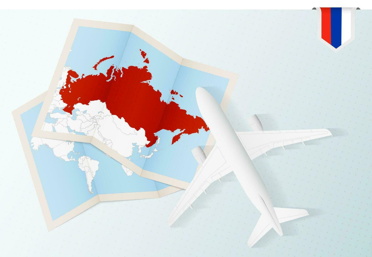 reizen naar Rusland, top visie vliegtuig met kaart en vlag van Rusland. vector