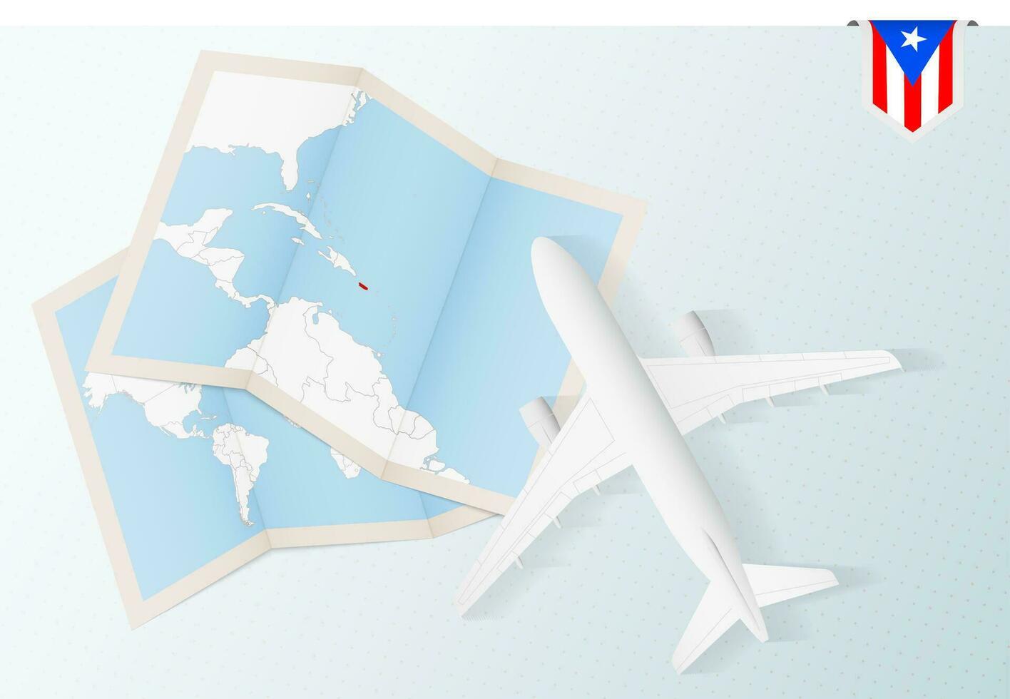 reizen naar puerto rico, top visie vliegtuig met kaart en vlag van puerto rico. vector