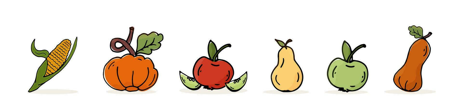 kleur reeks geïsoleerd oogst vruchten. icoon maïs, pompoen, appel, Peer. vector tekening herfst groenten