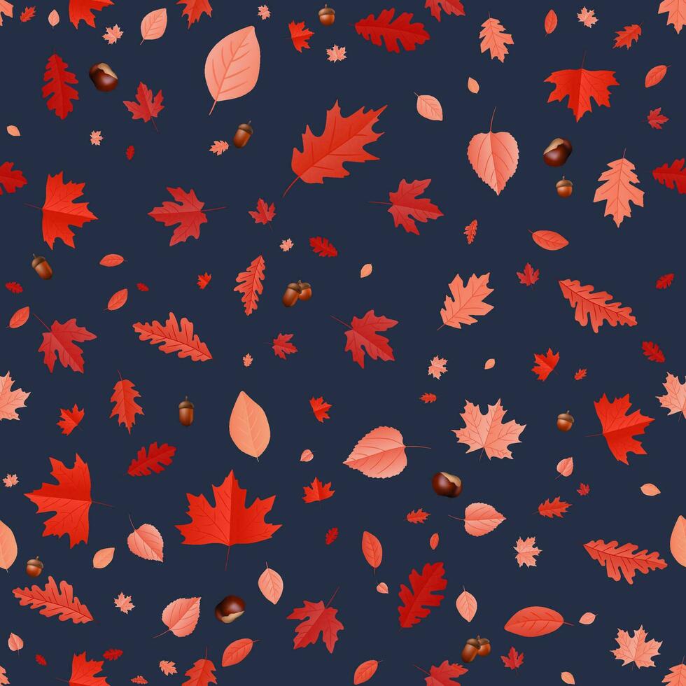 herfst naadloos blad patroon in retro stijl. perfect voor spandoeken, kaarten, en textiel, het Kenmerken levendig rood, oranje, en geel bladeren, eikels tegen een blauw achtergrond vallen seizoen. niet ai vector