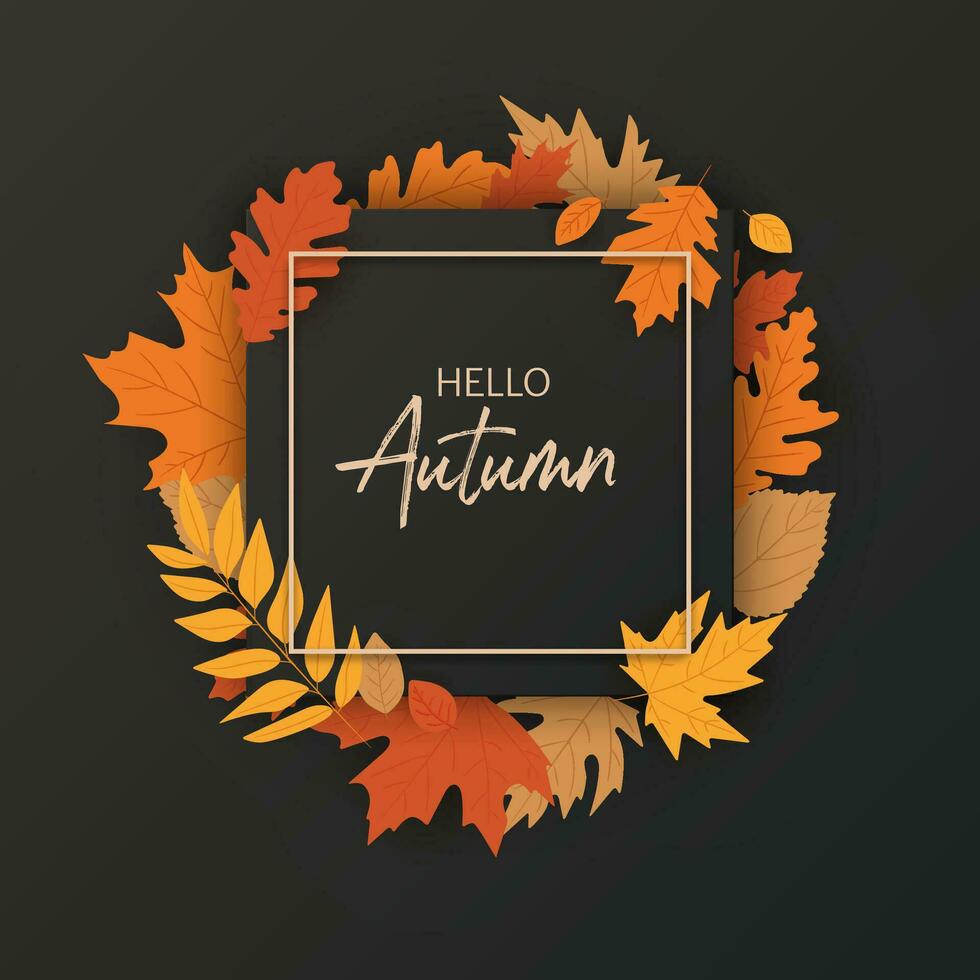 herfst ontwerp met plein kader banier Hallo herfst Aan zwart achtergrond. met levendig bladeren en een grens ontwerp, kleurrijk en uitnodigend atmosfeer voor de vallen seizoen. niet ai gegenereerd. vector