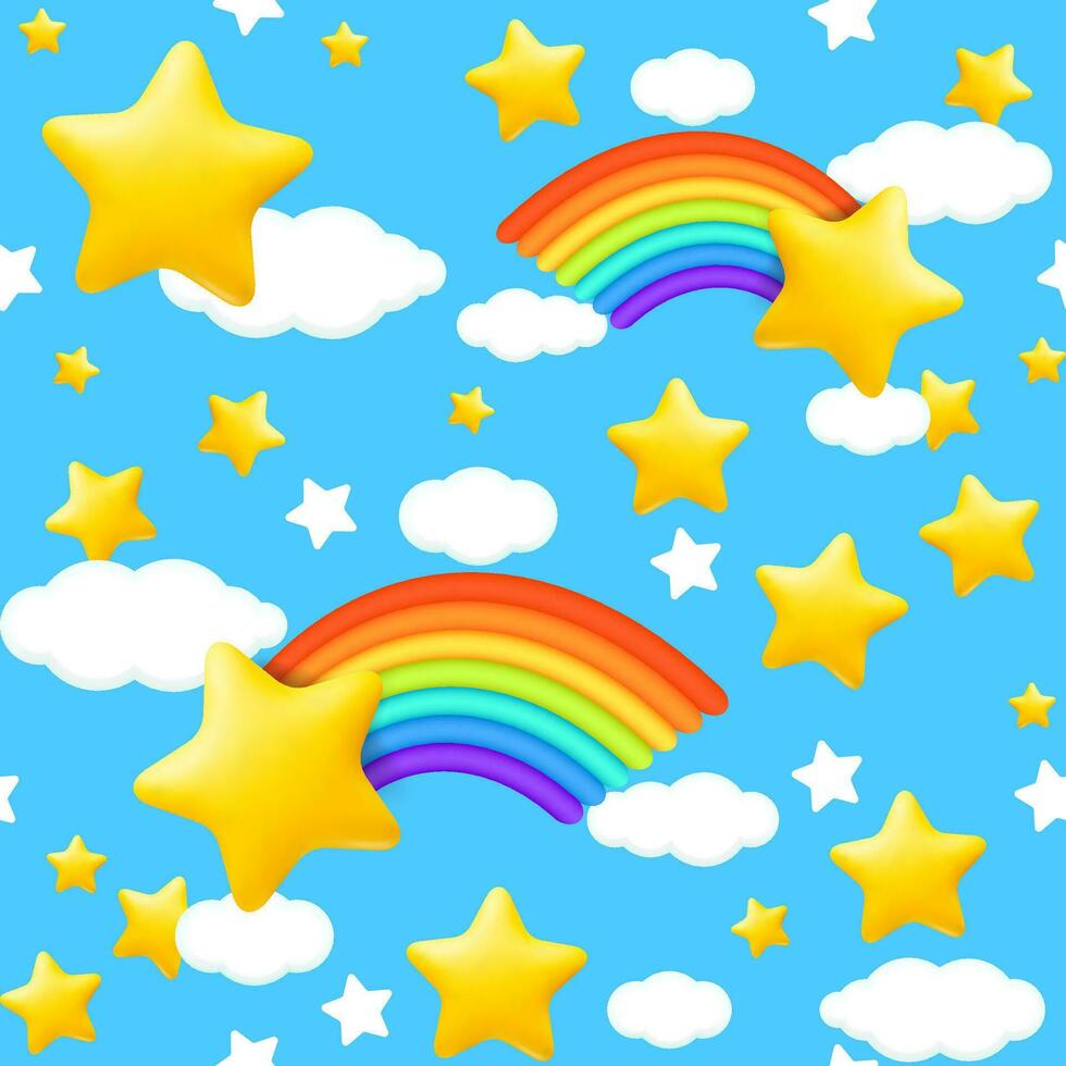 een naadloos patroon met een levendig 3d regenboog, pluizig wolken, en schattig sterren. deze blij ontwerp is perfect voor kinderen projecten en voegt toe een speels tintje naar ieder sollicitatie. niet ai gegenereerd. vector