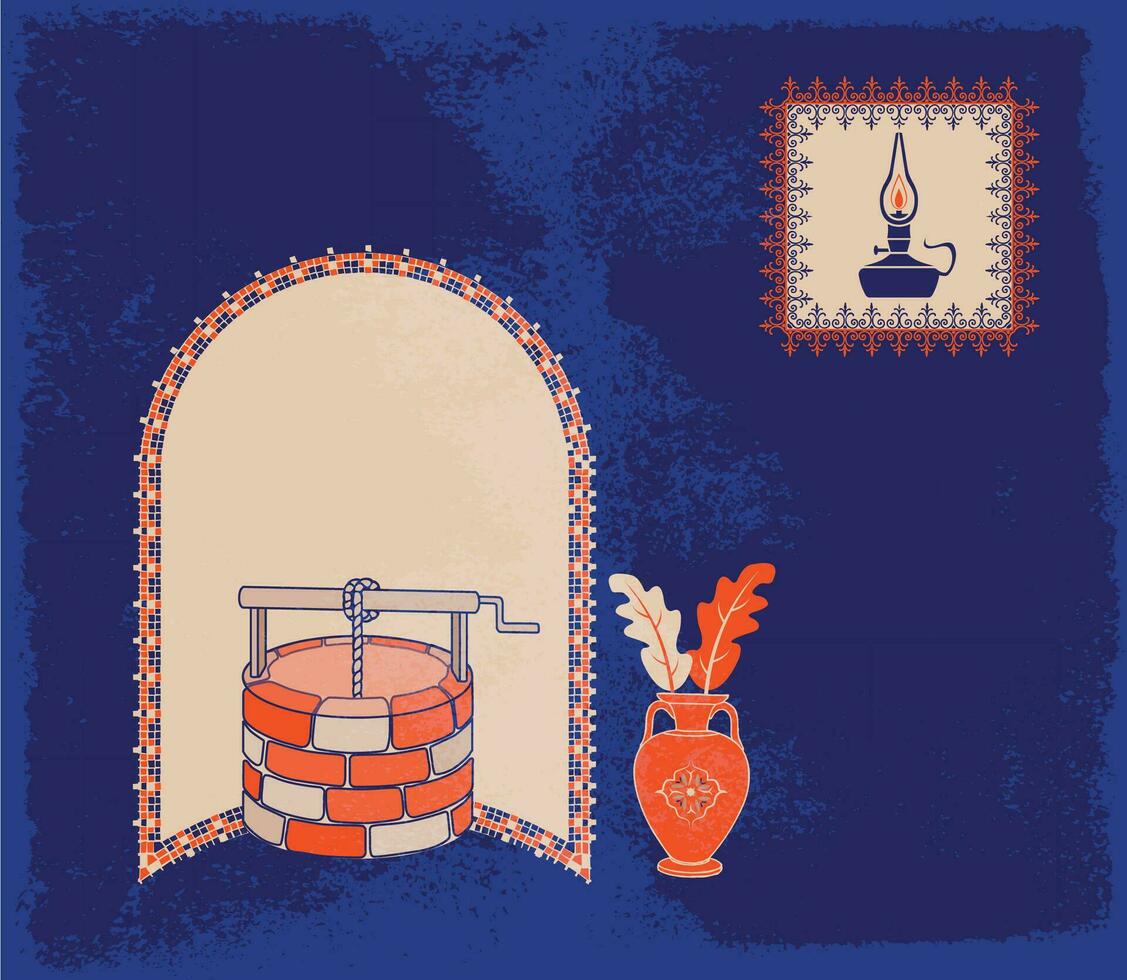 abstract architectuur posters gemakkelijk geometrisch. Marokkaans hedendaags abstract geometrisch. Islamitisch Arabisch oosters stijl ramen, deuren, trap en bogen poster reeks midden eeuw vector afbeelding.