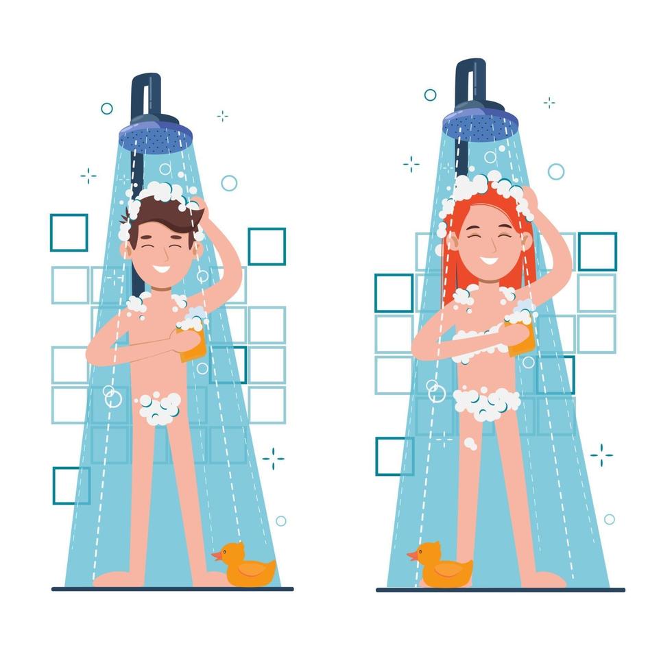 vrouw en man nemen ochtenddouche in de badkamer. hoofd wast, vector