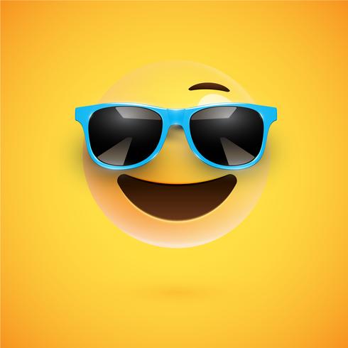 Hoog-gedetailleerde 3D-smiley met zonnebril op een kleurrijke achtergrond, vectorillustratie vector