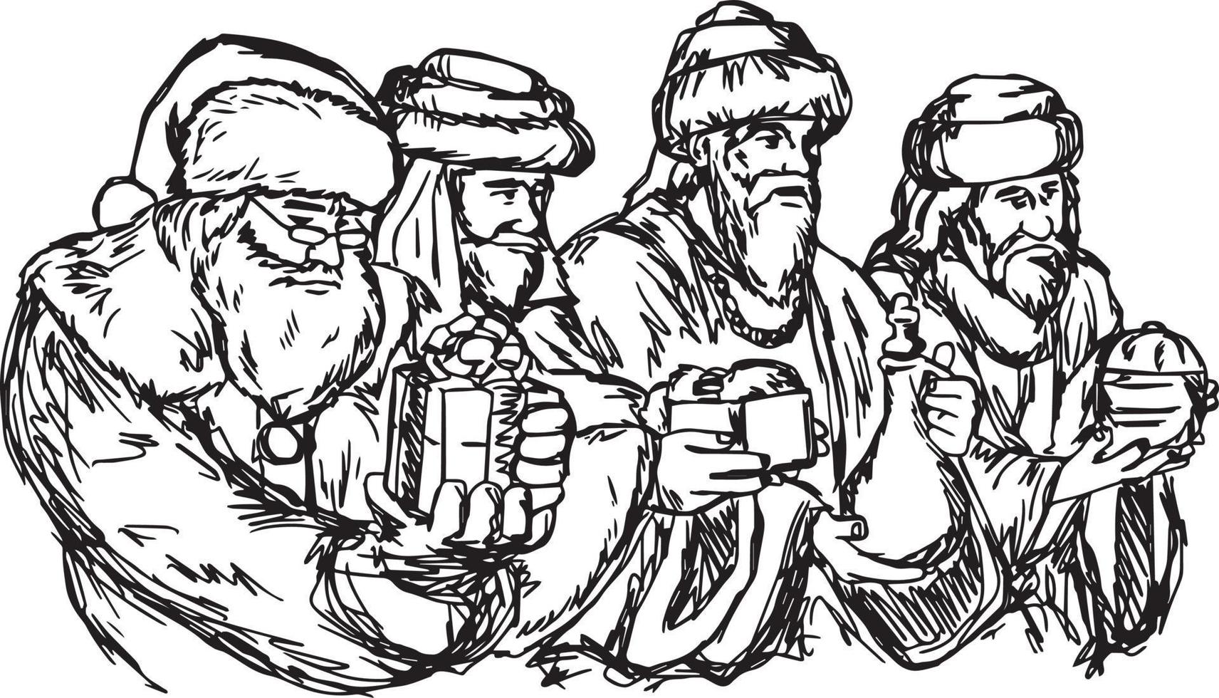 drie wijze mannen en de kerstman Vectorbeelden vector