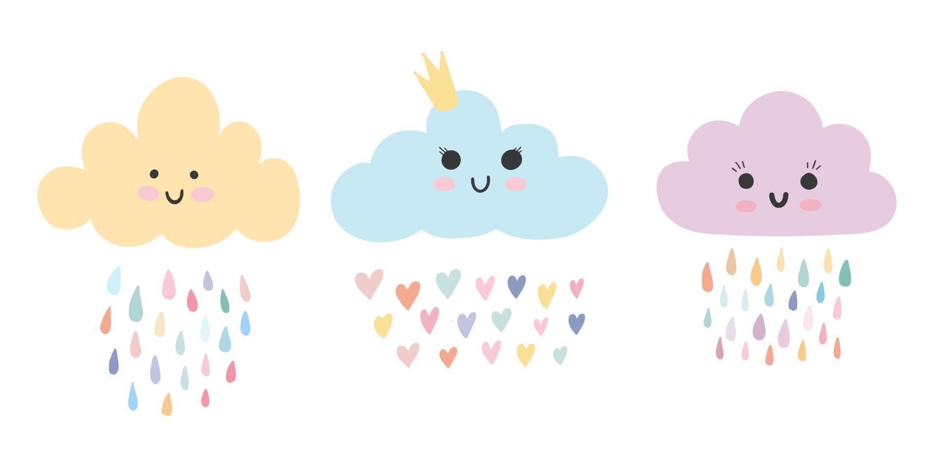 set van drie schattige babywolken met regenboogregendruppels en hartjes vector