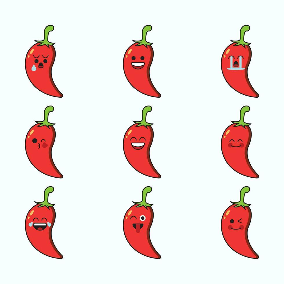 groente emoticon vector icoon set. schattig emoji Chili peper met gezicht.