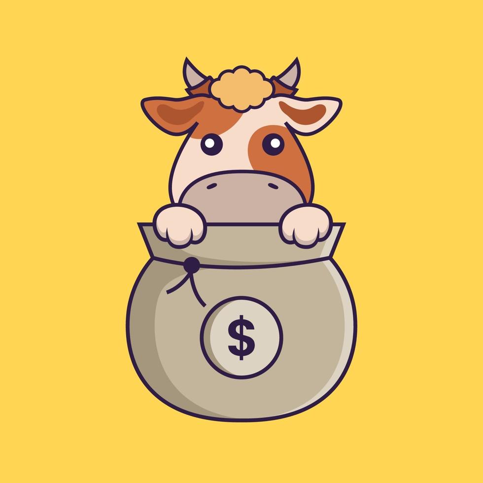 schattige koe spelen in geldzak. vector