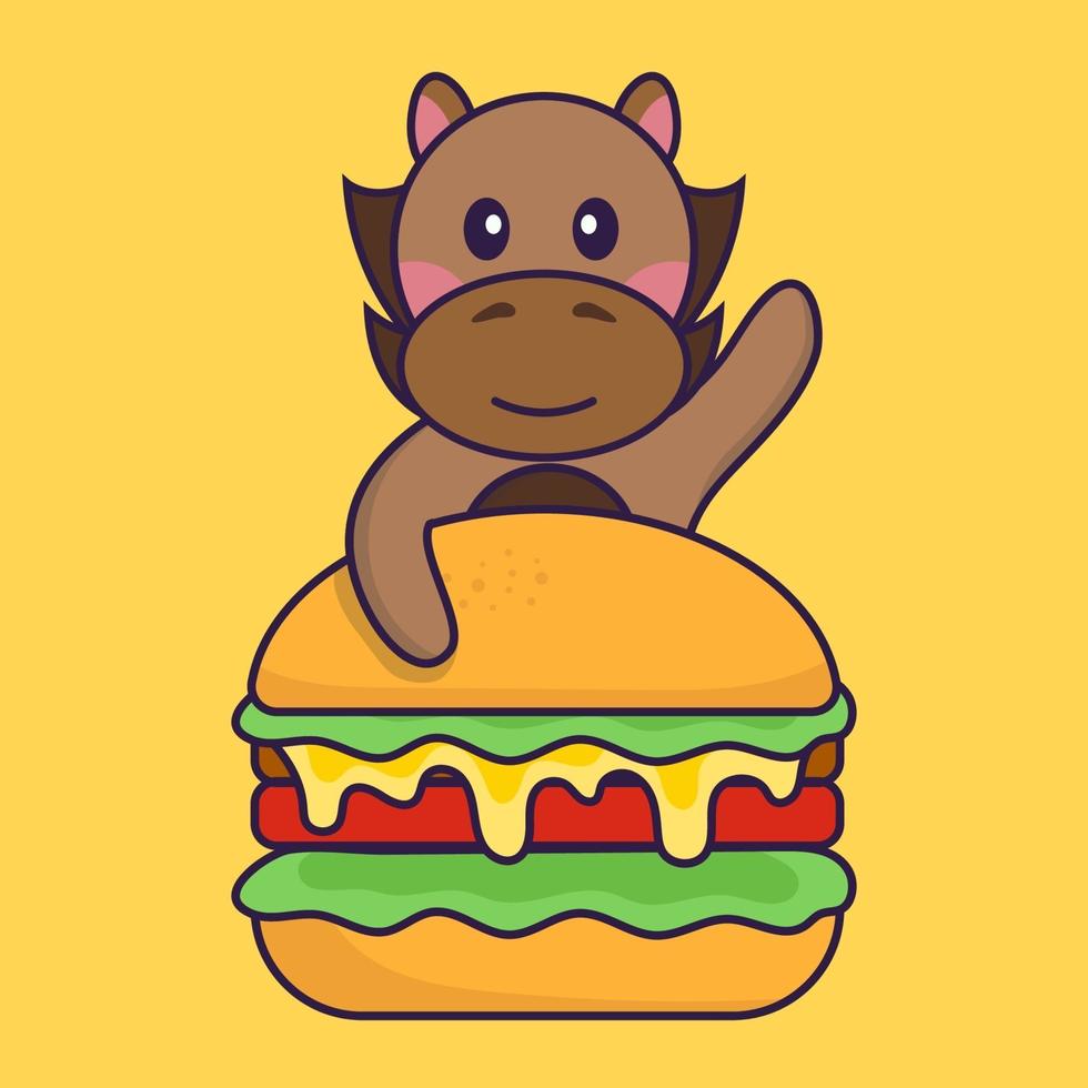 schattig paard dat hamburger eet. vector