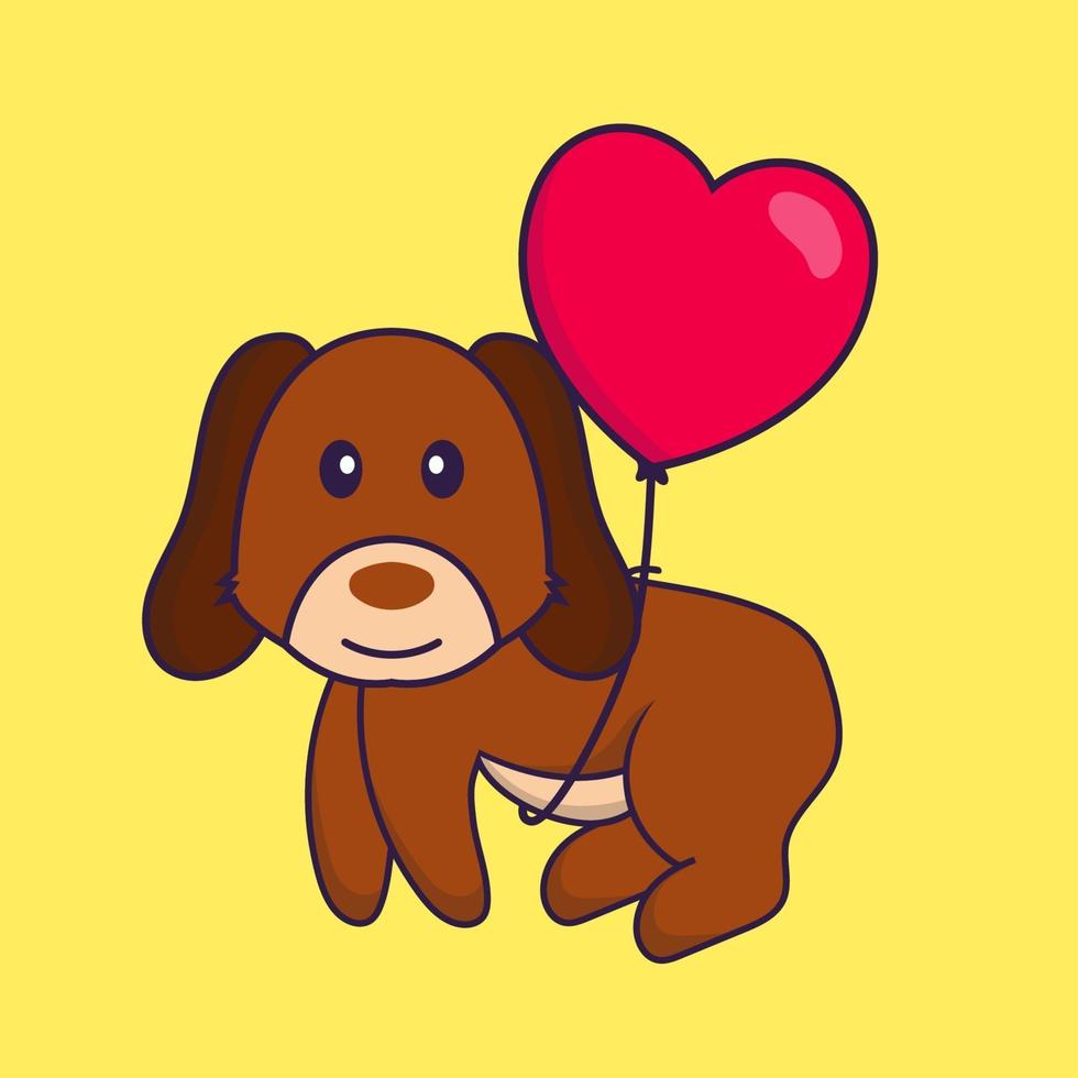 schattige hond die met liefdesvormige ballonnen vliegt. vector