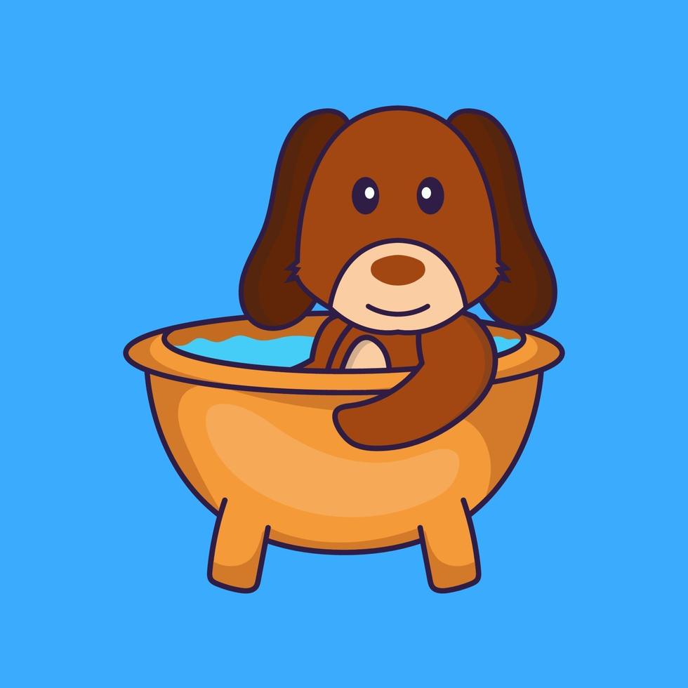 schattige hond die een bad neemt in de badkuip. vector