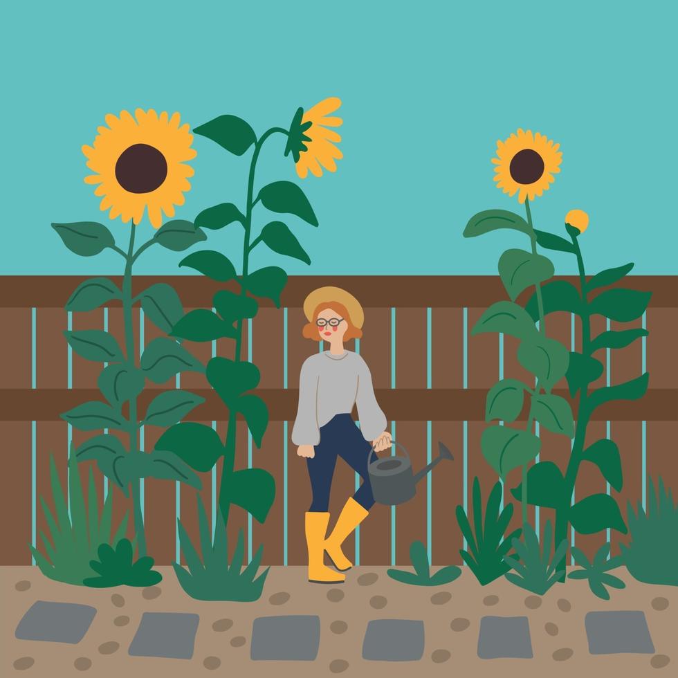 vrouw die in de tuin werkt. platte hand getekende vectorillustratie vector