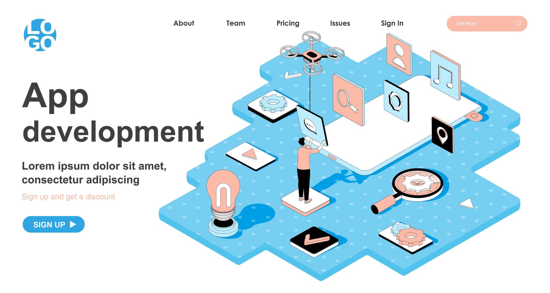 app-ontwikkeling isometrisch concept voor bestemmingspagina vector