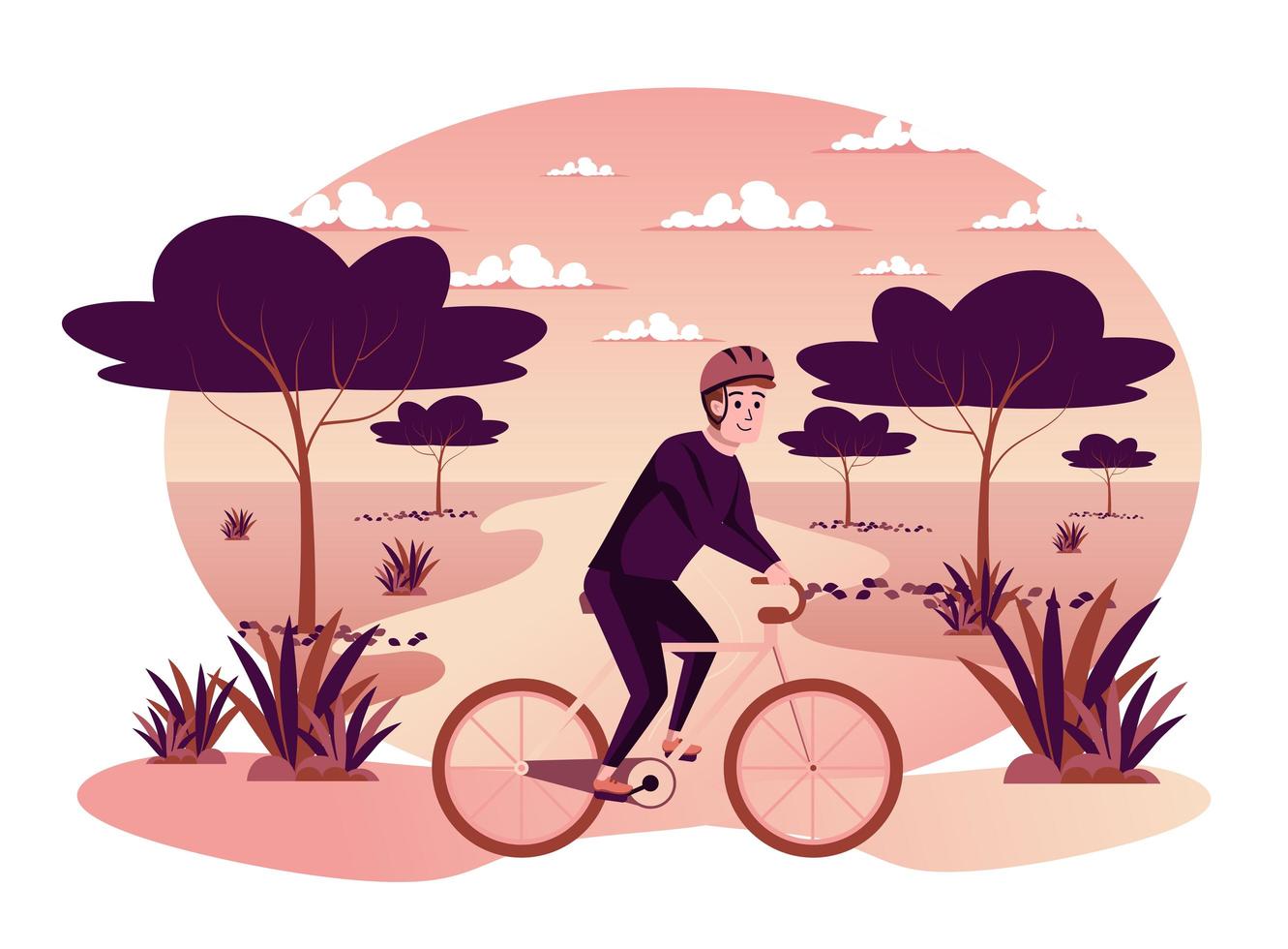 man rijden fiets in herfst park geïsoleerde scène vector