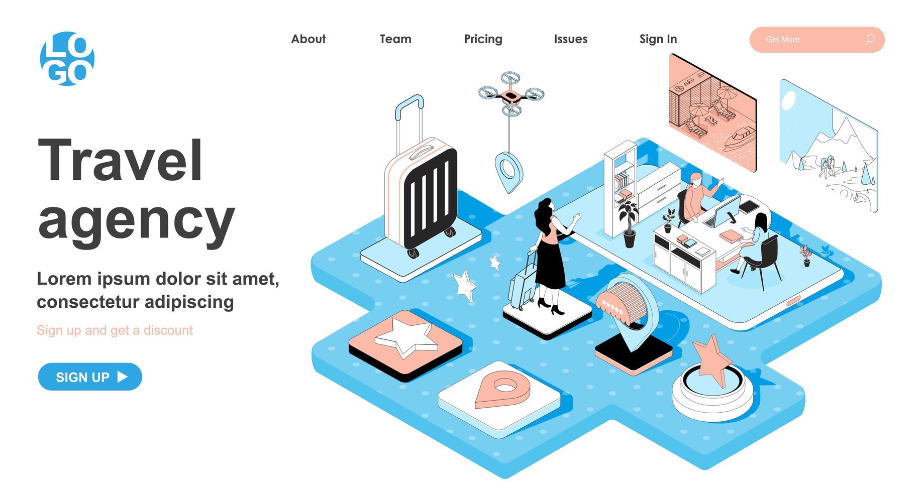 reisbureau isometrisch concept voor bestemmingspagina vector