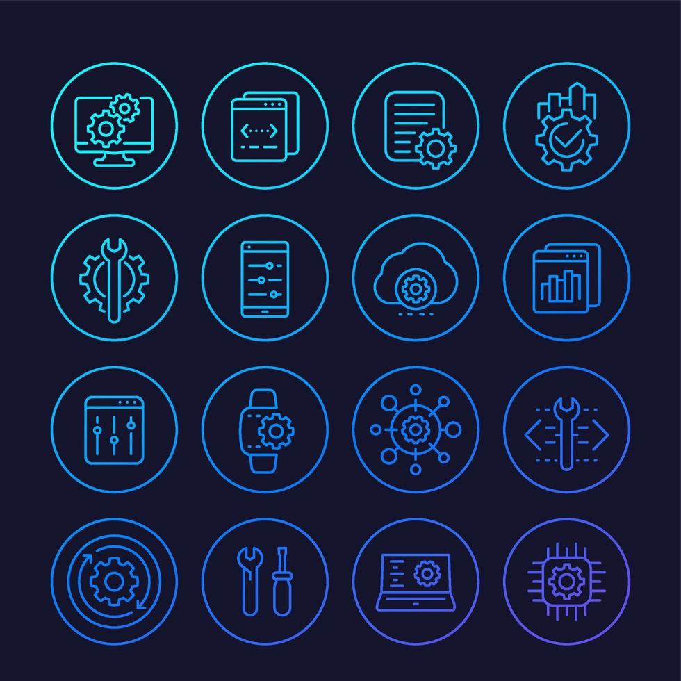 ontwikkeling, configuratieservice, api, instellingen lijn iconen set vector