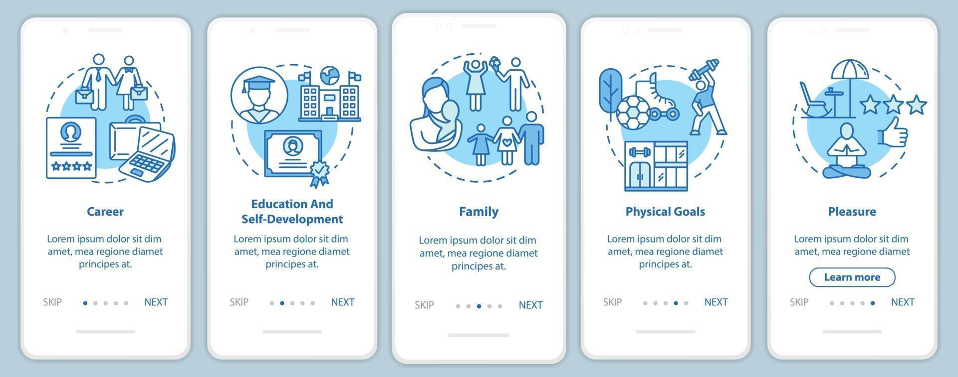 zelfontwikkeling onboarding mobiele app paginascherm met concepten vector