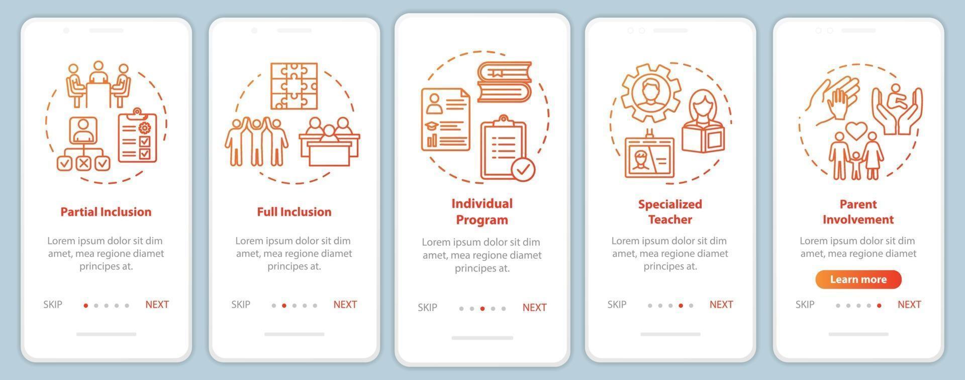 inclusief onderwijs onboarding mobiele app paginascherm met concepten vector