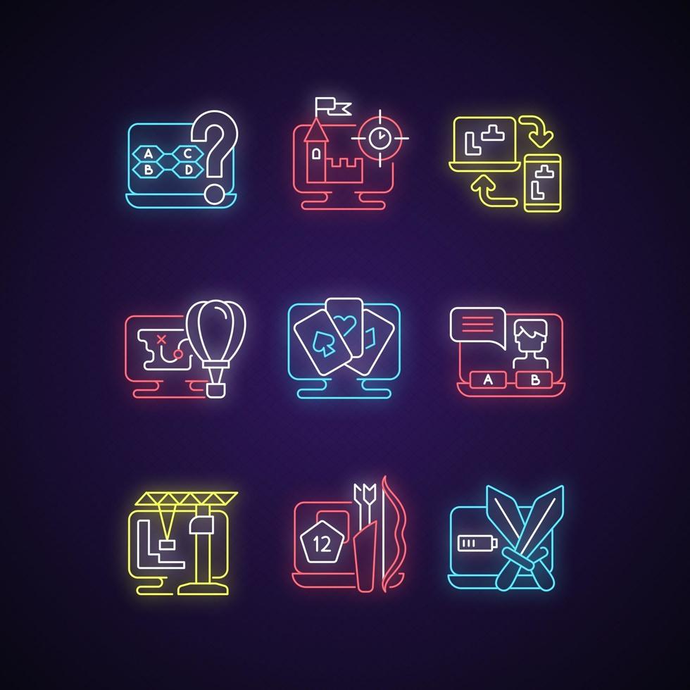 spelgenres neonlicht iconen set vector