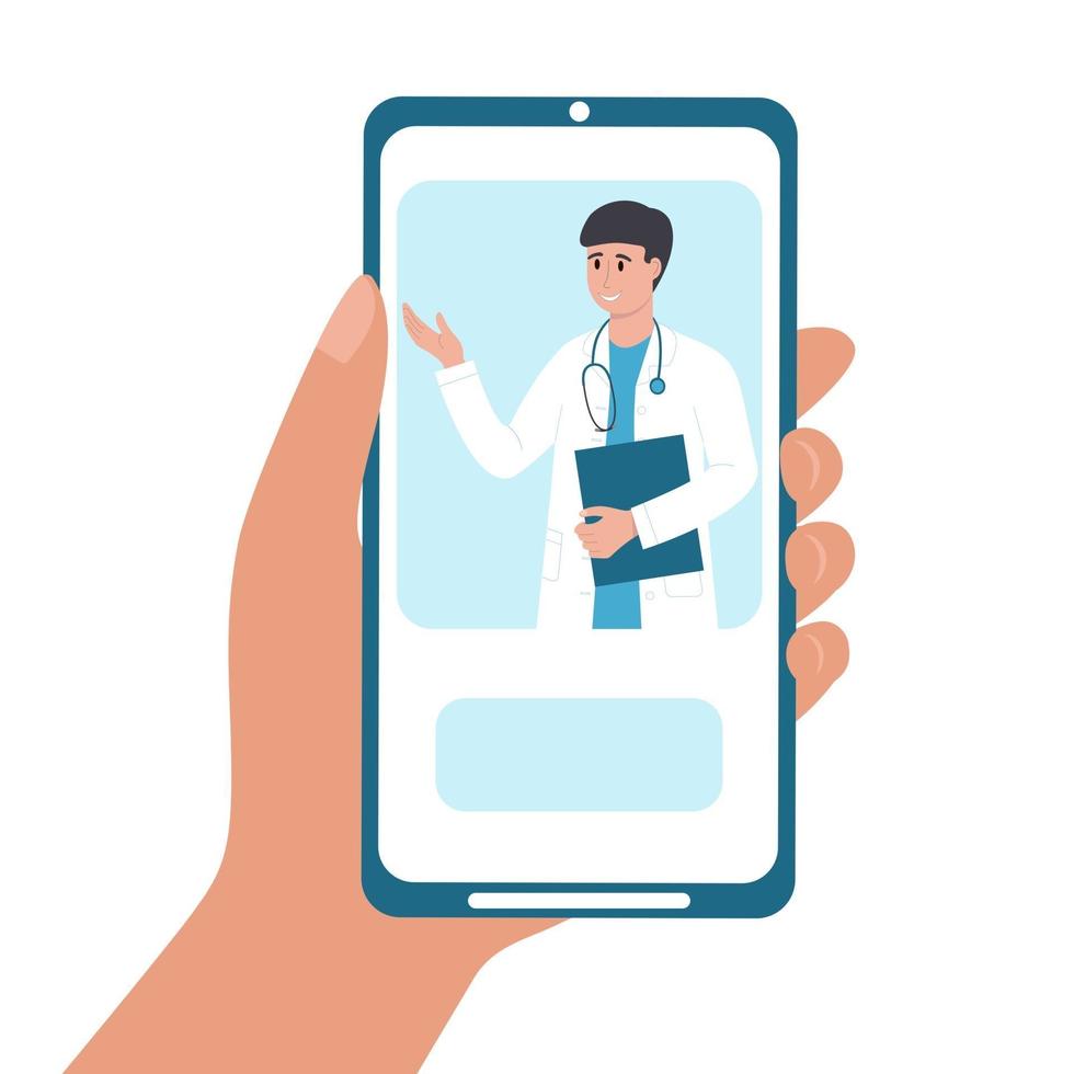 hand met smartphone met online dokter mobiele app vector