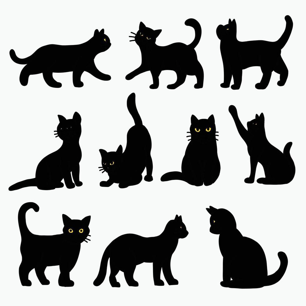 doodle freehand schets tekening van zwarte kat pose collectie. vector