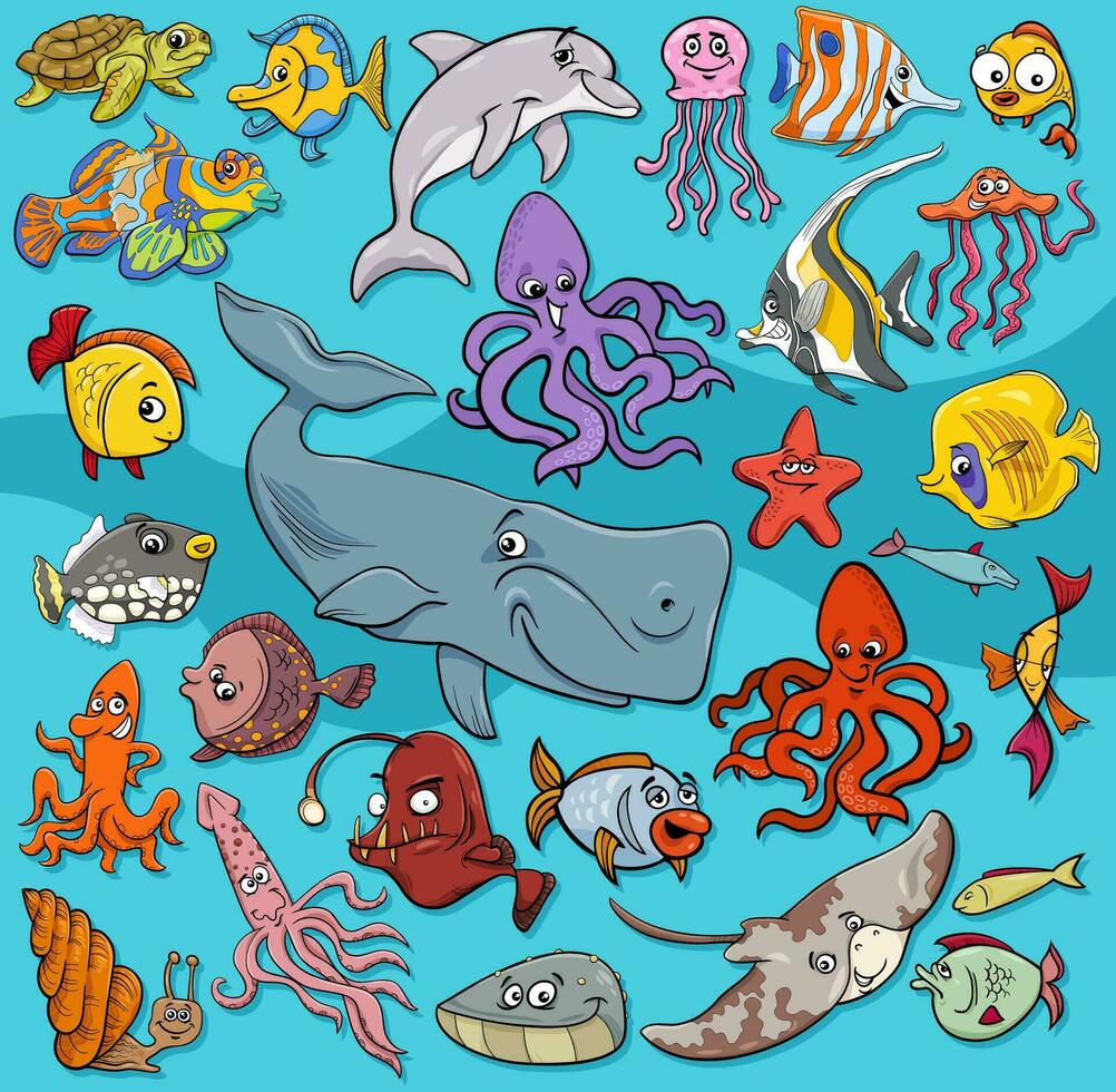 tekenfilm vis en marinier dier tekens groep vector