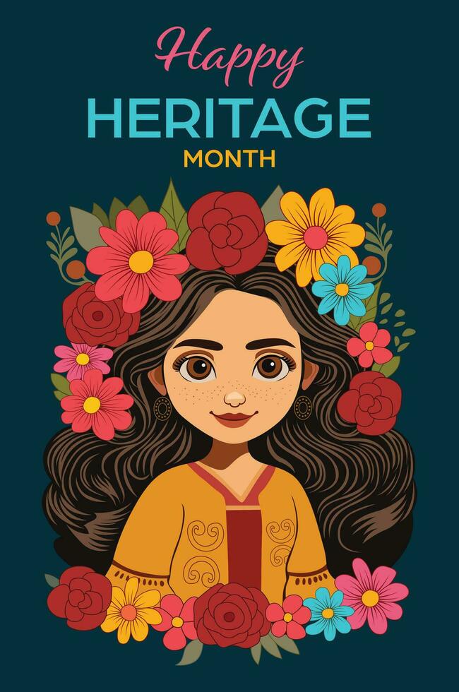 vieren erfgoed maand met deze levendig geschenk kaart met een tekenfilm vrouw in traditioneel kleding, bloemen accenten, en warm wensen. vector
