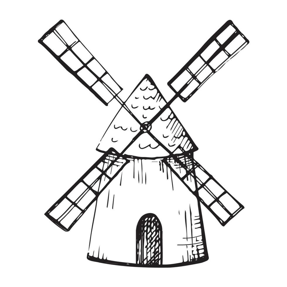 molen hand- getrokken wijnoogst windmolen met gravure vector illustratie Aan geïsoleerd achtergrond. landbouw, oogsten, boerderij meel en brood.molen schetsen voor embleem, logo, ontwerp, afdrukken, kaart, icoon